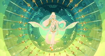 1girl boots china_dress chinese_clothes commentary crescent crescent_hair_ornament dress earrings english_commentary ffluvy full_body fur-trimmed_collar fur-trimmed_legwear fur-trimmed_sleeves fur_trim genshin_impact hair_ornament highres jewelry long_hair looking_at_viewer ponytail short_dress solo sword thigh_boots thighhighs very_long_hair weapon white_dress white_hair wide_sleeves yellow_eyes zibai_(genshin_impact)