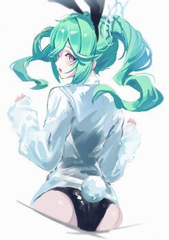 1girl absurdres animal_ear_hairband animal_ears ass black_hairband black_leotard commentary cropped_legs fake_animal_ears fake_tail from_behind green_hair hairband hands_up highres leotard leotard_under_clothes long_sleeves looking_at_viewer looking_back medium_hair open_mouth purple_eyes rabbit_ear_hairband rabbit_ears rabbit_tail shirt simple_background solo standing stellive symbol-only_commentary tail thumbsup_stella turning_head twintails virtual_youtuber white_background white_shirt yuzuha_riko