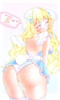 1girl animal_ears ass back blonde_hair blue_dress blue_eyes blue_ribbon blush border breasts censored choker closed_mouth commentary cowboy_shot cum cum_on_ass cum_on_body cum_on_legs cumdrip dissociatedcat dress english_commentary flower from_behind hair_flower hair_ornament hair_ribbon heart heart-shaped_pupils highres long_hair looking_at_viewer looking_back medium_breasts mosaic_censoring original outside_border panties pink_background rabbit_ears rabbit_girl rabbit_tail raised_inner_eyebrows ribbon short_dress skindentation solo speech_bubble spoken_heart spoken_penis symbol-shaped_pupils tail thick_thighs thighs underwear wavy_hair white_border white_choker white_panties white_wings wings