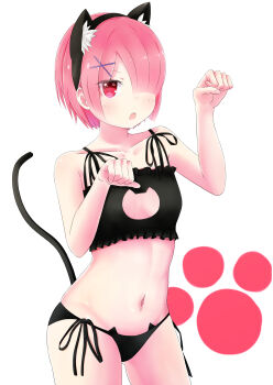 1girl animal_ear_fluff animal_ear_hairband animal_ears black_bra black_hairband black_panties blunt_bangs blush bra breasts cat_ear_hairband cat_ears cat_lingerie cat_tail collarbone commentary_request cowboy_shot fake_animal_ears fake_tail frilled_bra frills hair_ornament hair_over_one_eye hairband hands_up highres j@ckall long_bangs looking_at_viewer navel one_eye_covered open_mouth panties paw_pose pink_hair ram_(re:zero) re:zero_kara_hajimeru_isekai_seikatsu red_eyes short_hair side-tie_panties simple_background small_breasts solo stomach tail tail_raised underwear white_background x_hair_ornament