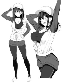 1girl arm_up baseball_cap blush breasts choker cleavage closed_mouth collarbone commentary_request hair_between_eyes hat highres jacket kureha_(ironika) large_breasts leggings leggings_under_shorts long_hair long_sleeves looking_at_viewer monochrome multiple_views open_clothes open_jacket open_mouth original shorts simple_background smile sports_bra