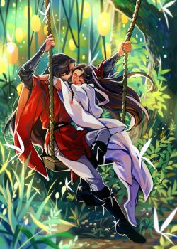 2boys arms_up bandaged_arm bandages beads bishounen black_boots black_hair black_sleeves boots bracer braid brown_hair bug butterfly chinese_clothes closed_mouth commentary couple english_commentary eyepatch fine_art_parody foliage forest full_body grass green_nails hair_beads hair_bun hair_ornament hair_ribbon hands_on_another&#039;s_shoulder hanfu highres hua_cheng hug insect layered_sleeves long_hair long_sleeves looking_at_another male_focus multiple_boys nature on_swing open_mouth orange_eyes outdoors pants parody quelmdn red_hanfu red_robe ribbon robe side_braid single_hair_bun sitting smile springtime_(pierre_auguste_cot) swing swing_set swinging_on_swing tall_grass tianguan_cifu tree under_tree very_long_hair white_boots white_butterfly white_hanfu white_pants white_robe wide_sleeves xie_lian yaoi