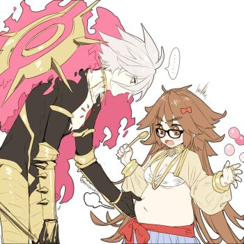 ... 1boy 1girl 88_(einnimnech) ahoge armor bandeau belly_grab bindi blush bow breasts brown_eyes brown_hair cleavage collar fate/grand_order fate_(series) ganesha_(fate) glasses hair_bow harem_pants highres jewelry jinako_carigiri karna_(fate) long_hair medium_breasts open_mouth pants plump ring short_hair spiked_collar spikes spoken_ellipsis spoon twitter_username very_long_hair white_hair