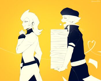 1boy 1girl ariana_(pokemon) belt beret carrying hat highres ibispaint_(medium) nintendo open_mouth paper_stack pokemon pokemon_hgss proton_(pokemon) signature sioma709iie team_rocket yellow_background yellow_theme