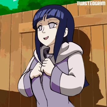 1girl animated animated_gif bouncing_breasts bra breasts cleavage female_focus fence flashing hyuuga_hinata jacket large_breasts naruto_(series) naruto_shippuuden navel open_clothes open_jacket solo standing twistedgrim underwear upper_body