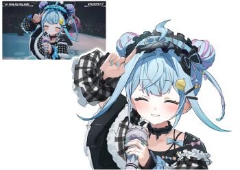 1girl ahoge blue_eyes blue_hair choker double_bun frills hair_bun highres hololive hololive_dev_is howaito_10 lightning_ahoge mizumiya_su mizumiya_su_(flowglow_uniform) pink_hair scene_reference shirt twintails virtual_youtuber