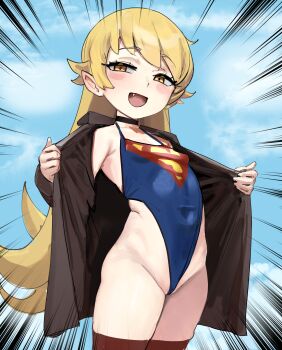 1girl absurdres alternate_costume black_choker blonde_hair blush breasts brown_coat choker cinn_angl coat cosplay covered_navel day dc_comics fang highres leotard loli long_hair long_sleeves monogatari_(series) open_clothes open_coat open_mouth oshino_shinobu outdoors red_thighhighs small_breasts smile solo standing supergirl supergirl_(cosplay) thighhighs yellow_eyes