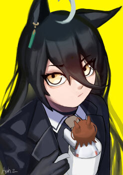 1girl :/ agnes_tachyon_(umamusume) ahoge animal_ears artist_name ashdotzart black_choker black_coat black_shirt choker closed_mouth clothes_grab coat collared_shirt commentary contrast_collar cup ear_ornament earrings english_commentary english_text engrish_text furrowed_brow hand_up highres holding holding_cup horse_ears horse_girl in_container in_cup jewelry long_sleeves manhattan_cafe_(umamusume) mini_person minigirl mug multicolored_hair necktie neckwear_grab ranguage shirt signature simple_background single_earring solo suspicious_egg_dish umamusume white_hair yellow_background yellow_necktie