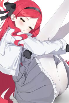 Rule 34 | 1girl, absurdres, black bow, black bowtie, black gloves, black hairband, blue archive, blush, bow, bowtie, d (delt4), gloves, hairband, halo, highres, hugging own legs, jacket, long hair, long sleeves, looking at viewer, pantyhose, red hair, red halo, simple background, solo, takane (blue archive), white background, white jacket, white pantyhose, yellow eyes