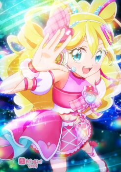 Rule 34 | 1girl, arm warmers, asukamama89, bare shoulders, beads, blonde hair, blue eyes, blush, bow, bow-shaped hair, bow choker, breasts, choker, collarbone, commentary request, crop top, cure idol, detached sleeves, drill hair, earrings, hair beads, hair between eyes, hair ornament, hair ribbon, hairband, hand on own hip, hands up, headset, heart, heart earrings, heart hair ornament, highres, idol, idol clothes, idol heart brooch (precure), idol heart incom, jewelry, kimi to idol precure, long hair, looking at viewer, magical girl, medium breasts, midriff, multicolored hair, multiple earrings, navel, open mouth, pink bow, pink hair, pink nails, pink ribbon, pink shirt, pink skirt, pink theme, pink wrist cuffs, plaid bow, plaid ribbon, precure, puffy detached sleeves, puffy sleeves, red bow, red choker, ribbon, sakura uta (precure), scrunchie, shirt, shirt bow, single arm warmer, skirt, smile, solo, stomach, streaked hair, tears, teeth, twintails, two-tone hair, upper teeth only, white hairband, wrist cuffs, wrist scrunchie