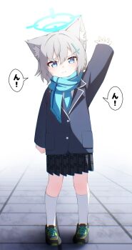 1girl animal_ear_fluff animal_ears aqua_scarf arm_up birthday blazer blue_archive blue_eyes blue_halo blue_necktie blue_scarf commentary_request cross cross_hair_ornament daifuku_momiji grey_hair hair_ornament halo highres inverted_cross jacket kneehighs long_sleeves looking_at_viewer mismatched_pupils necktie pleated_skirt scarf shiroko_(blue_archive) shiroko_(young)_(blue_archive) shoes short_hair skirt socks solo speech_bubble white_socks wolf_ears wolf_girl