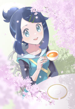 1girl :d black_hair black_shirt chair cherry_blossoms collarbone commentary_request cup day eyelashes hair_bun hair_ornament hairclip holding holding_cup liko_(pokemon) looking_up medium_hair morisawa_machi nintendo open_mouth outdoors pokemon pokemon_(anime) pokemon_horizons saucer shirt sidelocks sitting smile solo strap swept_bangs teacup teeth upper_teeth_only vest watermark