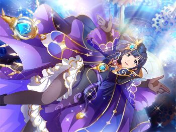 Rule 34 | 1girl, black dress, black hat, black robe, blue eyes, blue hair, brown gloves, brown pantyhose, dress, game cg, gears, gloves, hat, jewelry, long hair, long sleeves, looking at viewer, official art, open hands, pantyhose, parted lips, robe, shoujo kageki revue starlight, shoujo kageki revue starlight -re live-, solo, tarot, the hermit (tarot), tsuyuzaki mahiru, upper body