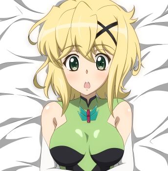 1girl a_k_g_e_0325 absurdres akatsuki_kirika blonde_hair blush breasts elbow_gloves gloves green_eyes hair_ornament highres leotard looking_at_viewer medium_breasts open_mouth senki_zesshou_symphogear shiny_skin short_hair solo upper_body x_hair_ornament
