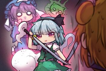 Rule 34 | 3girls, arm up, back, black background, black bow, black bowtie, black hairband, blonde hair, blue dress, blue hat, blush, bow, bowtie, breasts, buttons, collared dress, collared shirt, commentary request, dress, eyes visible through hair, ghost, gradient background, green skirt, green vest, grey background, grey hair, hair between eyes, hair bun, hair ribbon, hairband, hand on own face, hand up, hat, japanese clothes, joutouguu mayumi, katana, kimono, konpaku youmu, konpaku youmu (ghost), long sleeves, looking at another, medium breasts, mob cap, multiple girls, open mouth, otter spirit (touhou), pink eyes, pink hair, puffy short sleeves, puffy sleeves, ribbon, saigyouji yuyuko, shirt, short hair, short sleeves, single hair bun, skirt, smile, standing, sword, touhou, triangular headpiece, unime seaflower, vest, weapon, white eyes, white ribbon, white shirt, wide sleeves, wily beast and weakest creature, yellow dress