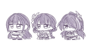 3girls acheron_(honkai:_star_rail) belt black_shoes braid chibi dress earrings full_body genshin_impact hair_over_one_eye hime_cut honkai:_star_rail honkai_(series) honkai_impact_3rd jacket japanese_clothes jewelry long_hair mihoyo monochrome multicolored_hair multiple_girls nabeiro_kin no_mouth original raiden_mei raiden_mei_(apho) raiden_shogun sawashiro_miyuki shirt shoes single_earring streaked_hair white_shirt