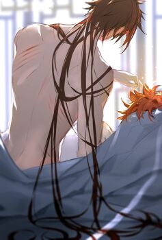 2boys caressing_hair genshin_impact implied_sex implied_yaoi long_hair morning multiple_boys np_(1231_0720) on_bed scratched_body scratches sleeping sleeping_on_bed sunlight tartaglia_(genshin_impact) yaoi zhongli_(genshin_impact)