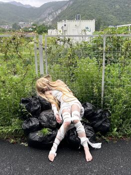 Rule 34 | 1girl, bandages, barefoot, blonde hair, character request, chii, chobits, cosplay photo, highres, lying, naked bandage, photo (medium), sleeping, solo