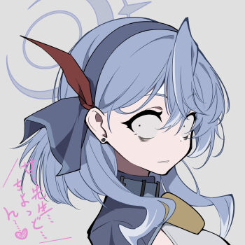 1girl ako_(blue_archive) anger_vein bell blue_archive blue_eyes blue_hair blue_halo commentary_request dot_nose ear_piercing hair_ornament halo heart highres looking_at_viewer overlord_m piercing portrait sanpaku simple_background solo translation_request