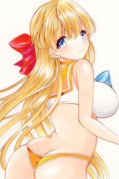 1girl aino_minako ass bare_shoulders bikini bishoujo_senshi_sailor_moon blonde_hair blush bow breasts butt_crack cropped earrings highres jewelry large_breasts long_hair looking_back mitsugetsu_suzu red_bow sailor_bikini sailor_collar sailor_venus sleeveless swimsuit very_long_hair white_background