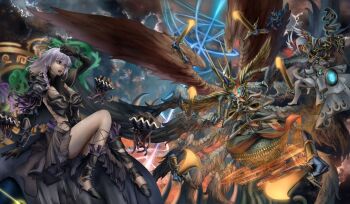 1boy 1girl absurdres black_dress black_gloves black_shoes braid cape commentary_request dress duel_masters extra_arms feathered_wings gloves grey_hair highres holding holding_sword holding_weapon hood hooded_cape long_hair low-braided_long_hair low-tied_long_hair monster open_mouth osam purple_eyes red_hair shakogairu_(duel_masters) shoes single_braid sword teeth weapon wings