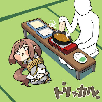 1girl 1other armor blush bound bound_ankles brown_hair commentary cooking copyright_name dress drooling food food_request from_above greaves holding holding_food long_hair low-tied_long_hair lying mouth_drool no_sclera nootoru o_o on_side open_mouth parody_request plate portable_stove rice rohne_(trickcal) seiza short_dress sitting steam tied_up_(nonsexual) tray triangle_mouth trickcal very_long_hair white_dress