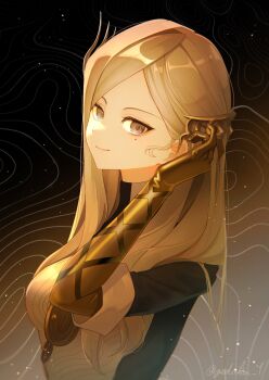 1girl adjusting_hair black_background black_dress blonde_hair closed_mouth commentary_request dress elbow_gloves elevation_contour_lines from_side gloves gradient_background grey_background grey_eyes hair_ornament hand_up highres jiedu_(gedoku_1) long_hair looking_at_viewer lorentz_butterfly mole mole_under_eye reverse:1999 smile solo upper_body yellow_gloves