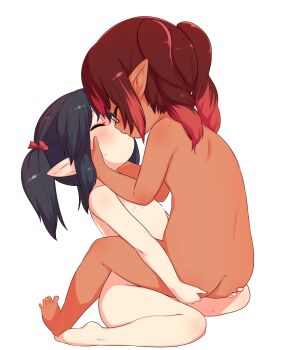 2girls babalilo back barefoot black_hair blush butt_crack censored censored_nipples kodomo_doushi closed_eyes commentary_request commission completely_nude dark-skinned_female dark_skin final_fantasy final_fantasy_xiv flat_chest french_kiss from_side glasses grabbing_another&#039;s_ass groping hands_on_another&#039;s_cheeks hands_on_another&#039;s_face highres kiss lalafell loli medium_hair multiple_girls nude original paid_reward_available pointy_ears profile red_hair simple_background skeb_commission sweatdrop white_background yuri