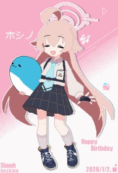1girl :d ahoge black_skirt blue_archive blue_necktie blue_shoes closed_eyes full_body grey_socks hair_between_eyes halo happy_birthday hashtag-only_commentary highres holding holding_stuffed_toy hoshino_(blue_archive) long_hair long_sleeves necktie open_mouth pink_background pink_hair pink_halo pixel_art shirt shoes skirt slmnk10124 smile socks solo stuffed_animal stuffed_toy translation_request two-tone_background white_background white_shirt