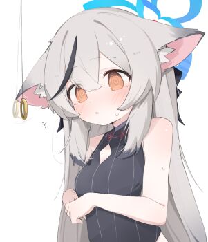 1girl :o ? @_@ animal_ear_fluff animal_ears bare_arms black_dress black_streaks blue_archive blue_halo blush breasts china_dress chinese_clothes cleavage_cutout clothing_cutout collarbone crossed_bangs diamond_cutout dot_nose dress ears_down grey_hair hair_between_eyes halo hands_up highres hypnosis jewelry kokona_(blue_archive) long_hair looking_at_object medium_breasts mind_control multicolored_hair orange_eyes own_hands_together parted_lips pendulum ring side_slit sidelocks simple_background sleeveless sleeveless_dress solo standing streaked_hair striped_clothes striped_dress sweatdrop tiger_ears tiger_girl tntl_nemui upper_body vertical-striped_clothes vertical-striped_dress very_long_hair white_background