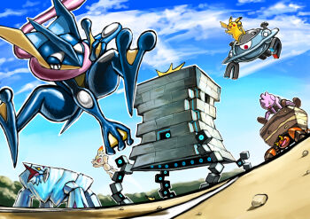 &gt;_&lt; aqua_eyes arms_up avalugg blue_sky closed_eyes cloud commentary_request crustle day floating gen_1_pokemon gen_2_pokemon gen_4_pokemon gen_5_pokemon gen_6_pokemon gen_7_pokemon gen_8_pokemon greninja kaosu_(kaosu0905) long_tongue magnet magnezone nintendo no_humans open_mouth outdoors outline pebble pikachu pointing pokemon pokemon_(creature) pokemon_focus riding riding_pokemon scorbunny screw sharp_teeth sky smile stakataka teeth tongue tongue_scarf tyrogue ultra_beast very_long_tongue white_outline