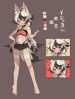 1girl :d :t absurdres anger_vein angry animal_ears bare_shoulders barefoot black_hair black_nails black_panties black_shorts color_guide commentary dark-skinned_female dark_skin fang flat_chest fox_ears fox_girl fox_tail grey_background halterneck hand_on_own_hip highleg highleg_panties highres long_hair looking_at_viewer micro_shorts mouth_print multicolored_hair multiple_expressions navel open_mouth original panties red_eyes shorts simple_background skin_fang smile stomach tail tattoo tetetaco thick_eyebrows tribal tribal_tattoo two-tone_hair underwear white_hair