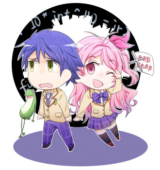 1boy 1girl :d blazer blue_hair blush bow chaos;head chibi commentary_request gero-froggy hair_ornament hair_ribbon jacket kurin_skybell long_hair long_sleeves necktie nishijou_takumi one_eye_closed open_mouth pants pink_eyes pink_hair pleated_skirt ribbon sakihata_rimi school_uniform science_adventure short_hair simple_background skirt smile suimei_academy_school_uniform thighhighs yellow_eyes zettai_ryouiki