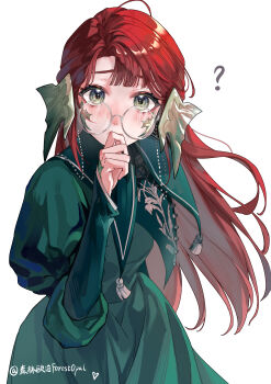 1girl ? absurdres ahoge artist_name au_ra blush breasts covered_mouth dress eyewear_strap final_fantasy final_fantasy_xiv floral_print green_dress green_eyes green_horns green_scales halmarut_(ff14) hand_on_own_face heart highres horns leaning_forward long_hair long_sleeves looking_at_viewer morisenlin puffy_long_sleeves puffy_sleeves red_hair simple_background small_breasts solo spoilers tassel white_background worried yellow_trim