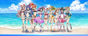 6+girls :d absurdres akatsuki_kirika amou_kanade beach bird blue_sky bucket cloud height_comparison highres innertube kazanari_tsubasa kohinata_miku looking_at_viewer maria_cadenzavna_eve multiple_girls nail_polish ocean official_art open_mouth sand seagull senki_zesshou_symphogear serena_cadenzavna_eve sky smile swim_ring tachibana_hibiki_(symphogear) tsukuyomi_shirabe water yukine_chris