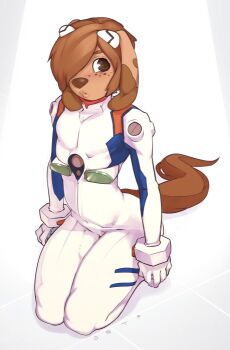 1boy androgynous animal_ears ayanami_rei ayanami_rei_(cosplay) bodysuit brown_eyes cosplay crossdressing crossdressing_(mtf) curvy dog_ears dog_tail doxy freckles furry furry_male kneeling lips male_focus marty_(onta) mecha_pilot_suit neon_genesis_evangelion plugsuit_(evangelion) skin_tight tail trap white_bodysuit