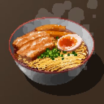 Rule 34 | bowl, commentary, egg (food), food, food focus, grey background, hisachan55cute, meat, no humans, noodles, original, pixel art, ramen, softboiled egg, steaming food, symbol-only commentary