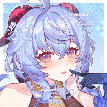 1girl abby_riddle ahoge bare_shoulders bell blue_gloves blue_hair blush collarbone commentary_request commission cowbell ganyu_(genshin_impact) genshin_impact gloves goat_girl goat_horns hair_between_eyes horns long_hair looking_at_viewer neck_bell open_mouth pointing pointing_at_self portrait purple_eyes sleeveless solo