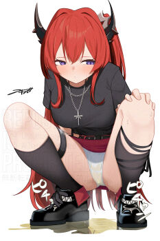 1girl absurdres adversarial_noise akinoji_(akiponpon27) arknights belt belt_buckle black_belt black_horns black_shirt black_shoes black_socks blush breasts buckle chain chain_necklace closed_mouth commentary_request cross cross_necklace crotch_seam double-parted_bangs embarrassed full_body hair_between_eyes hand_on_own_foot hand_on_own_knee highres horns jewelry kneehighs large_breasts long_bangs long_hair miniskirt necklace official_alternate_costume panties pee pee_puddle peed_self purple_eyes red_hair red_skirt shirt shoes simple_background skirt socks solo sound_effects squatting straight_hair surtr_(arknights) surtr_(liberte_echec)_(arknights) sweatdrop t-shirt thigh_strap underwear upskirt v-shaped_eyebrows variant_set very_long_hair watermark wet wet_clothes wet_panties white_background white_panties