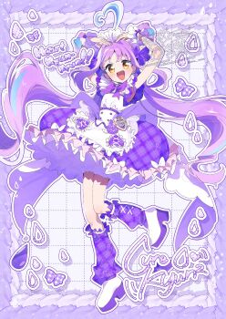 1girl adapted_costume alternate_costume antenna_hair apron blue_hair boots border bow bowtie bubble_skirt buttons character_name commentary_request corset cross-laced_clothes cross-laced_legwear cure_kyunkyun double_bun dress enmaided eyelashes floating_hair frilled_apron frilled_dress frilled_sleeves frilled_socks frilled_wrist_cuffs frills full_body grid_background hair_bow hair_bun hands_on_own_head happy heart_antenna_hair high_heel_boots high_heels highres kimi_to_idol_precure kneehighs leg_up light_blush long_hair loose_socks low_twintails magical_girl maid maid_headdress multicolored_hair open_mouth outline outside_border petticoat plaid_bow plaid_clothes plaid_dress plaid_socks pocket precure puffy_short_sleeves puffy_sleeves purple_border purple_bow purple_bowtie purple_dress purple_hair purple_socks serizawa_serizane shigure_kokoro short_dress short_sleeves skirt smile socks solo standing streaked_hair tareme twintails twitter_username unmoving_pattern very_long_hair watermark white_apron white_background white_boots white_corset white_outline white_wrist_cuffs wrist_bow wrist_cuffs yellow_eyes