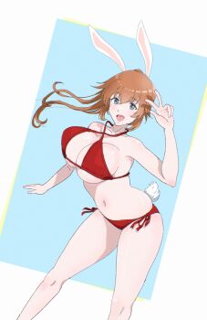1girl animal_ears bikini blue_eyes breasts brown_hair charlotte_e._yeager commentary_request criss-cross_halter feet_out_of_frame halterneck highres large_breasts long_hair osage_gankyou ponytail rabbit_ears rabbit_tail red_bikini side-tie_bikini_bottom solo standing strike_witches swimsuit tail v world_witches_series