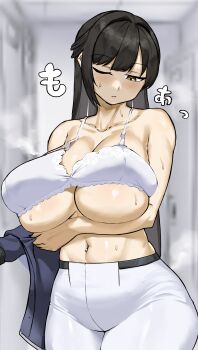 1girl absurdres bare_shoulders black_hair blue_jacket blush breasts closed_mouth collarbone goddess_of_victory:_nikke goma. highres huge_breasts jacket long_hair marciana_(nikke) midriff navel navel_piercing one_eye_closed pants piercing solo sweat tight_clothes tight_pants undressing white_pants yellow_eyes
