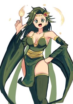1girl :d bare_shoulders breasts cleavage collarbone detached_sleeves dress earrings final_fantasy final_fantasy_iv fire green_dress green_eyes green_hair green_thighhighs hand_on_own_hip highres index_finger_raised jewelry long_hair long_sleeves looking_at_viewer open_mouth pelvic_curtain pyrokinesis rydia_(adult)_(ff4) rydia_(ff4) smile solo star_(symbol) star_earrings thighhighs tikuwabu_33 white_background wide_sleeves