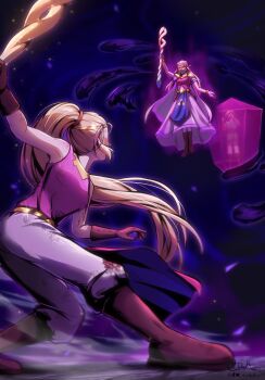 1boy 2girls armor bare_shoulders blonde_hair boots breasts brown_boots chaendeulleo dress fighting_stance floating highres holding holding_staff link long_dress long_hair medium_breasts multiple_girls nintendo pants pink_shirt ponytail princess_zelda red_eyes shirt shoulder_armor staff the_legend_of_zelda the_legend_of_zelda:_echoes_of_wisdom white_dress white_pants