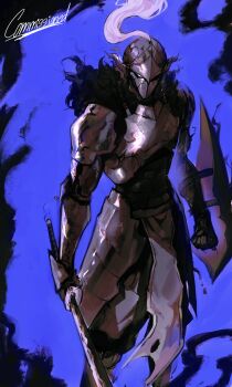 1other absurdres arm_guards armor black_gloves breastplate empty_eyes feet_out_of_frame fur_collar gloves helmet highres holding holding_shield holding_sword holding_weapon knight logicsterrr looking_at_viewer pelvic_curtain shadow_slave shield shoulder_armor solo standing sunny_(shadow_slave) sword weapon white_eyes