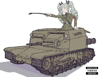1girl absurdres anchovy_(girls_und_panzer) armband belt caterpillar_tracks coat drill_hair fenuier girls_und_panzer green_hair highres holding holding_riding_crop long_hair military military_uniform military_vehicle motor_vehicle original pocket pointing red_armband riding_crop rivets sketch tank tankette twin_drills white_background