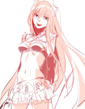 breasts cowboy_shot detached_sleeves fate/grand_order fate_(series) floating_hair frilled_skirt frills grey_eyes hair_between_eyes hip_bones hug_(yourhug) long_hair looking_at_viewer medb_(fate) medb_(third_ascension)_(fate) navel pink_hair simple_background sketch skirt small_breasts smile teeth tiara upper_body upper_teeth_only white_background