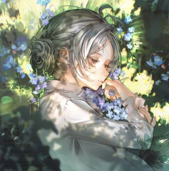 Rule 34 | 1girl, blue flower, closed mouth, flower, from above, from side, grass, grey eyes, grey hair, hair bun, hand on own arm, hands up, hashtag-only commentary, highres, holding, holding flower, lying, on side, profile, reverse:1999, shirt, short hair, single side bun, solo, takatsuki haru, tree shade, upper body, vertin (reverse:1999), white shirt