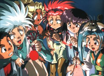 1990s_(style) 1boy 5girls animal animal_on_head aqua_hair arm_around_shoulder black_eyes black_hair blonde_hair cabbit dark-skinned_female dark_skin facial_mark fangs fireworks forehead_mark green_eyes green_hair grin hakubi_washuu high_ponytail holding kuramitsu_mihoshi long_hair long_sleeves masaki_aeka_jurai masaki_sasami_jurai masaki_tenchi multiple_girls non-web_source official_art on_head open_mouth pink_hair ponytail red_eyes retro_artstyle ryou-ouki ryouko_(tenchi_muyou!) short_hair shorts smile sparkler spiked_hair standing staring teeth tenchi_muyou! twintails upper_teeth_only yellow_eyes