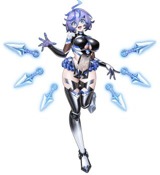 1girl android blue_eyes breasts cleavage_cutout clothing_cutout curvy floating_object floating_weapon full_body highres impossible_clothes jumping kunai large_breasts lilith-soft looking_at_viewer multicolored_hair namaniku_atk non-web_source open_mouth purple_hair revealing_clothes shiny_clothes shiny_skin short_hair taimanin_(series) taimanin_rpgx taimanin_suit transparent_background tsukumo_mogami two-tone_hair weapon wide_hips